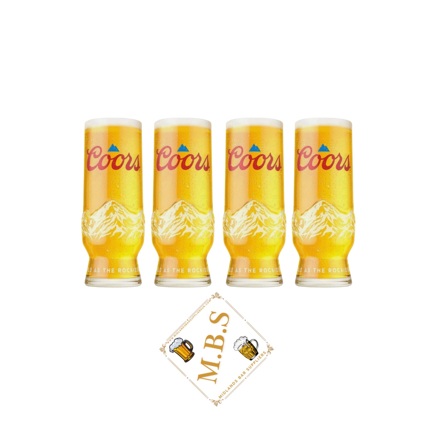 Branded Beer Glasses Set of Four, Half Pint 10oz Crystal Glass with Mountain Design with Midlands Bar Suppliers Thin Coaster