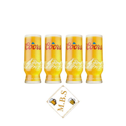 Branded Beer Glasses Set of Four, Half Pint 10oz Crystal Glass with Mountain Design with Midlands Bar Suppliers Thin Coaster