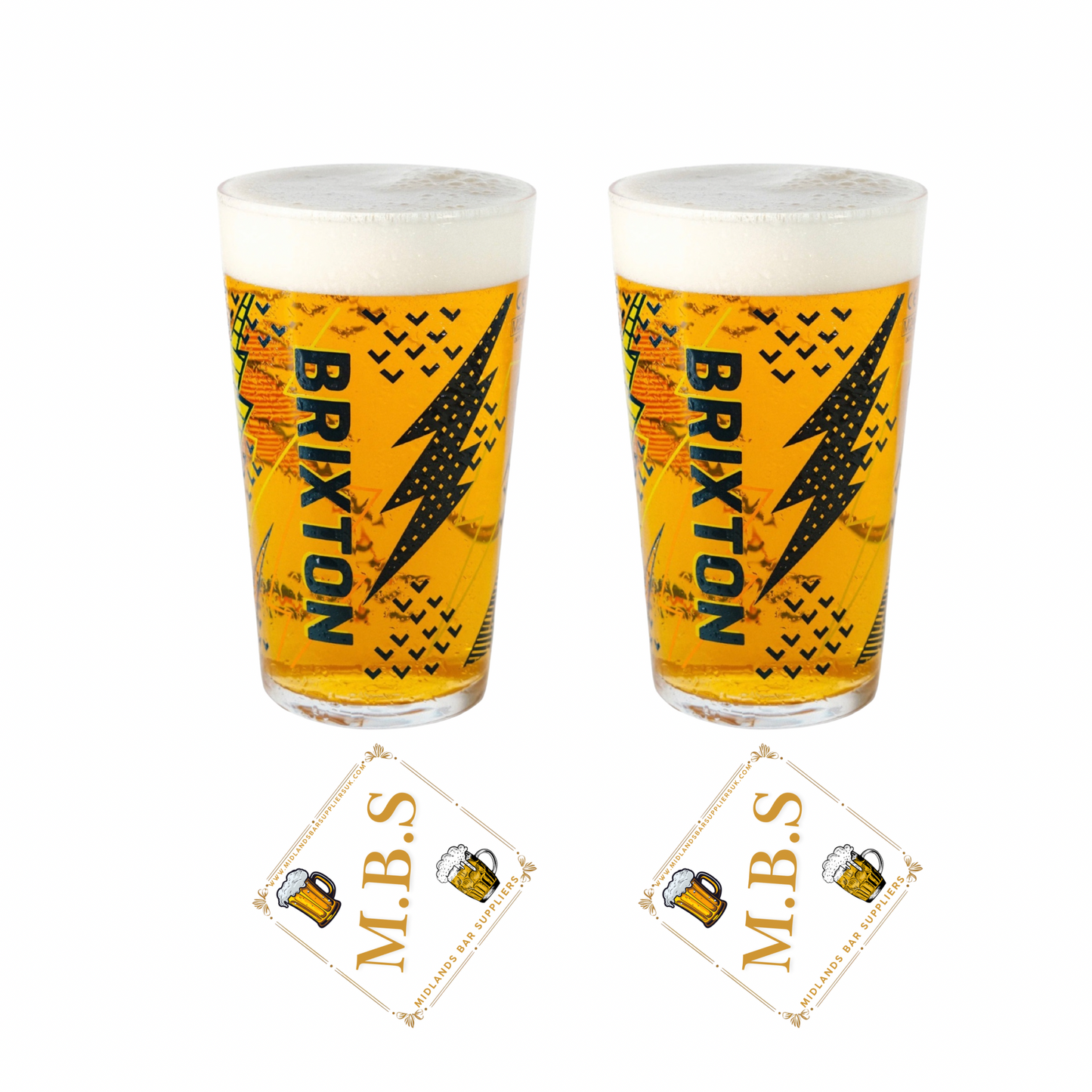 Brixton Brewery Pint Glasses x2 - Decorative Design, Plus 2 x Midlands Bar Suppliers Thin Card Coasters