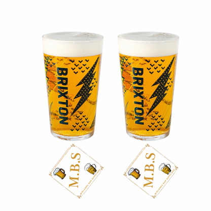 Brixton Brewery Pint Glasses x2 - Decorative Design, Plus 2 x Midlands Bar Suppliers Thin Card Coasters
