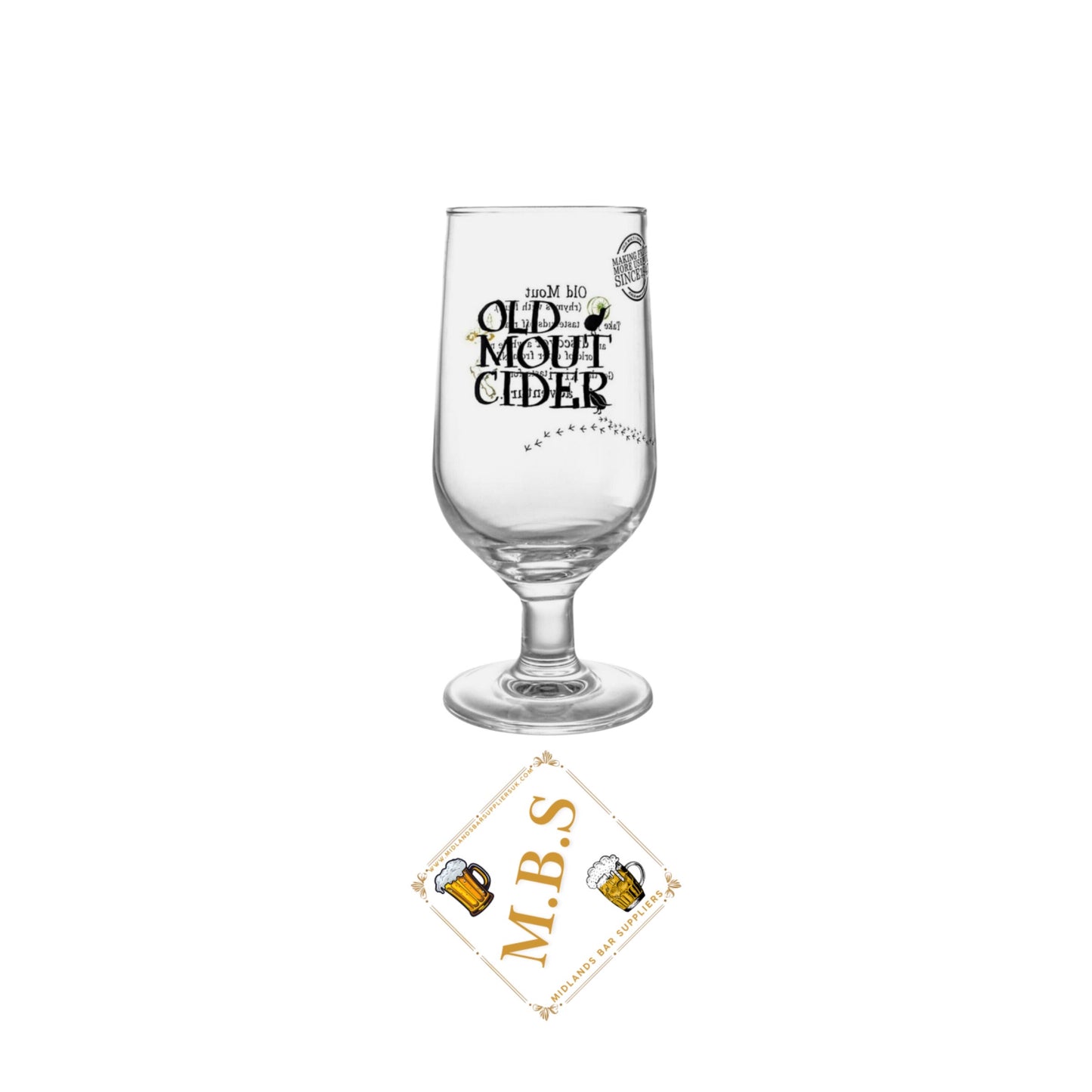 Old Mout Cider Premium Glass with Midlands Bar Suppliers Thin Coaster, Traditional Beer Glass Design, Clear Crystal Glass