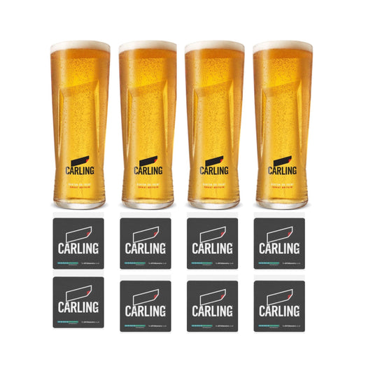 4 x Carling Pint Glasses and 8 x Carling Beer Coasters | Beer Glass Set
