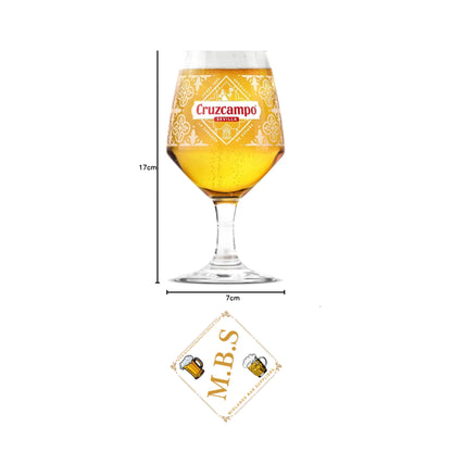 Cruzcampo Premium Beer Glass, 17cm Tall Crystal Stemware with Decorative Pattern, Includes Thin Midlands Bar Suppliers Beer Coaster