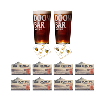 Sharp's Doom Bar Amber Ale Pint Glass Set, Traditional Beer Glasses x2 with x8 Branded Brewery Coasters