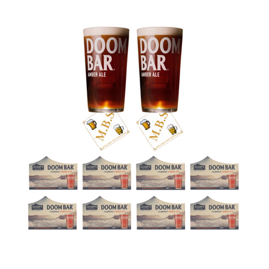 Sharp's Doom Bar Amber Ale Pint Glass Set, Traditional Beer Glasses x2 with x8 Branded Brewery Coasters