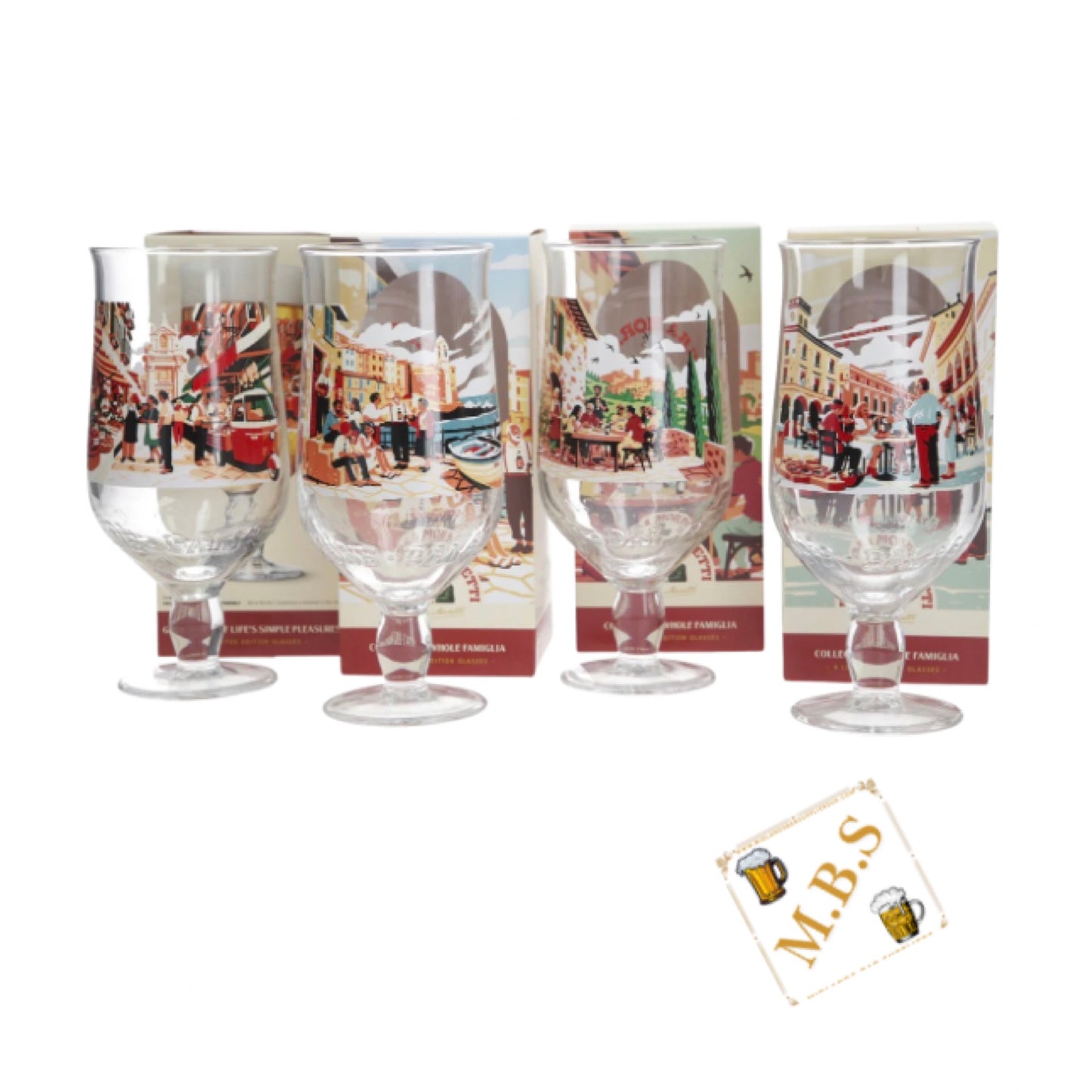 Birra Moretti Limited Edition Collector's Pint Glass, Set of 4, Vintage Italian Scene Design, Gift Boxed