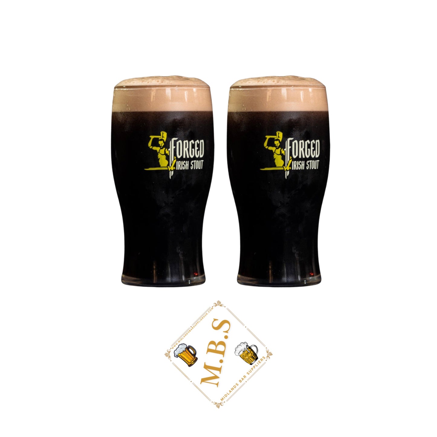 Forged Irish Stout Premium Pint Glass Set, Traditional Tulip Shape, 2-Piece with M.B.S. Beer Coaster