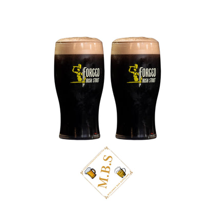 Forged Irish Stout Premium Pint Glass Set, Traditional Tulip Shape, 2-Piece with M.B.S. Beer Coaster