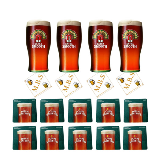 John Smith's Extra Smooth Beer Glasses, Traditional Pint Glass Set of 4 Glasses, Plus 10 Beer Coasters
