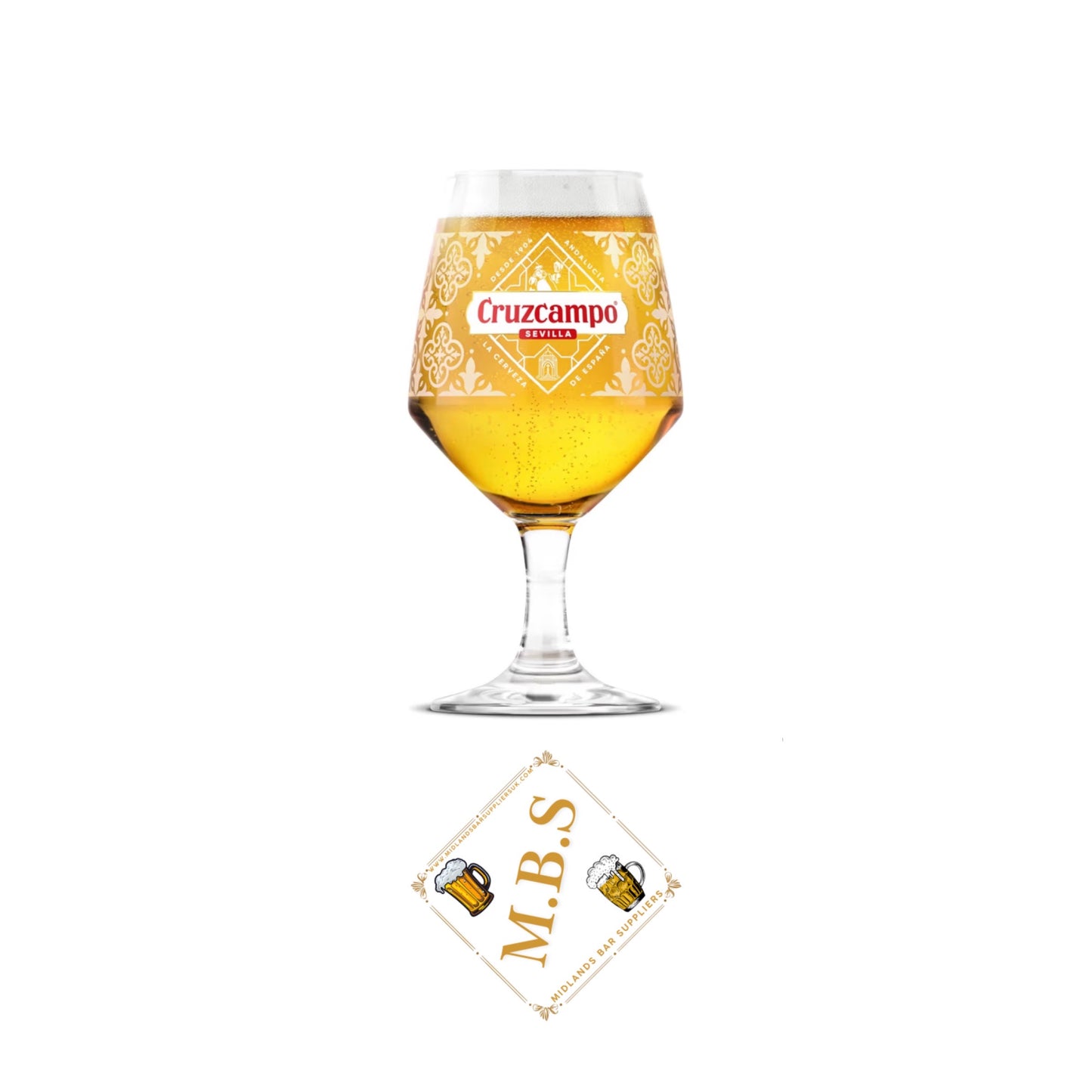 Cruzcampo Premium Beer Glass, 17cm Tall Crystal Stemware with Decorative Pattern, Includes Thin Midlands Bar Suppliers Beer Coaster