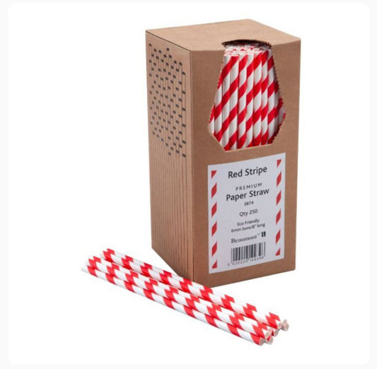 Paper Straws 8" in Red & White Stripes Box of 250