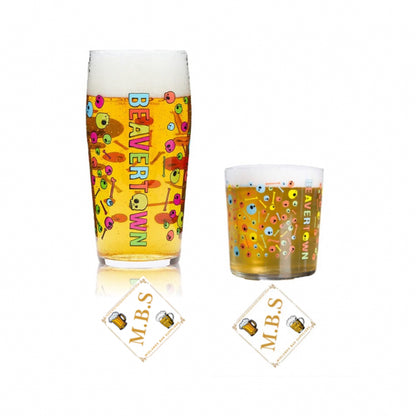Beavertown Pint Glass and Half Pint Glass Tumbler & 2 X Thin Midlands Bar Suppliers Beer Coasters