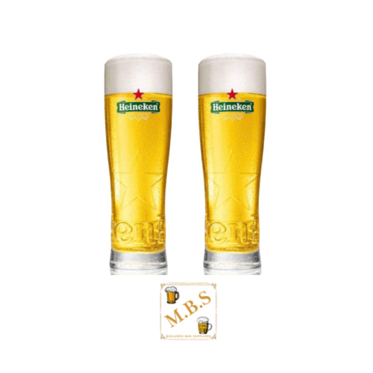 Heineken Premium Beer Glasses, Star Pint Design, 568ml/20oz, Set of 2 with Midlands Bar Suppliers Thin Coasters, CE Marked