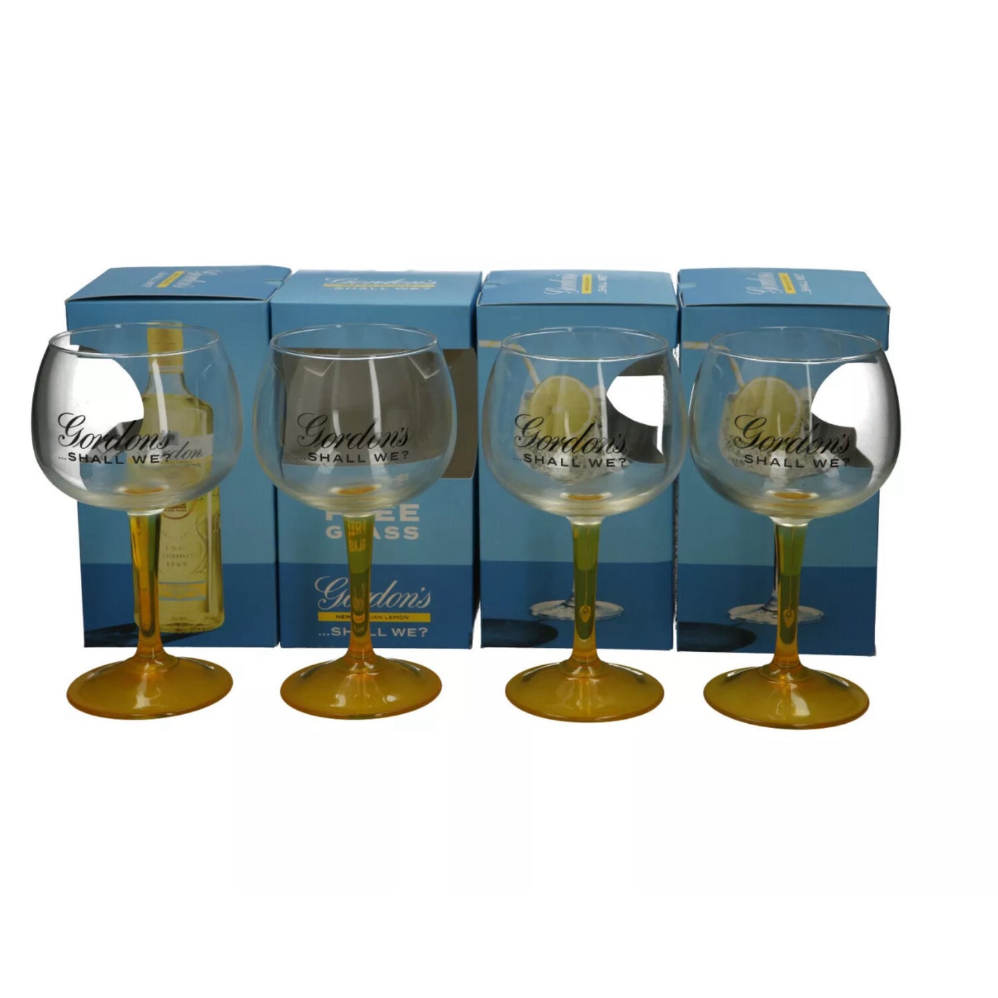 4 x  Gordon's Large Balloon Yellow Stem Gin Glass Bowl Goblet In Box New
