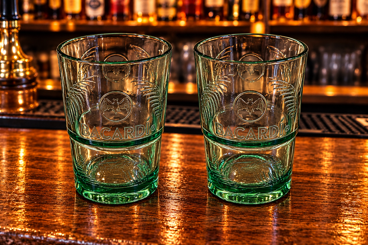 2 x Bacardi Rum Festival Mug ACRYLIC Glass Palm Relief Green Stackable